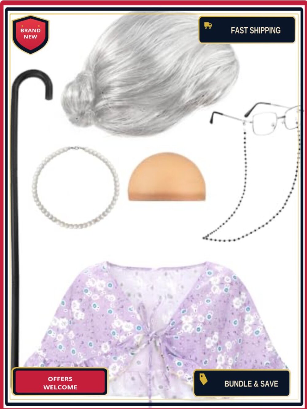 7 Pc Old Lady Costume Set Grandma Shawl Wig Glasses Necklace Crutch Halloween
